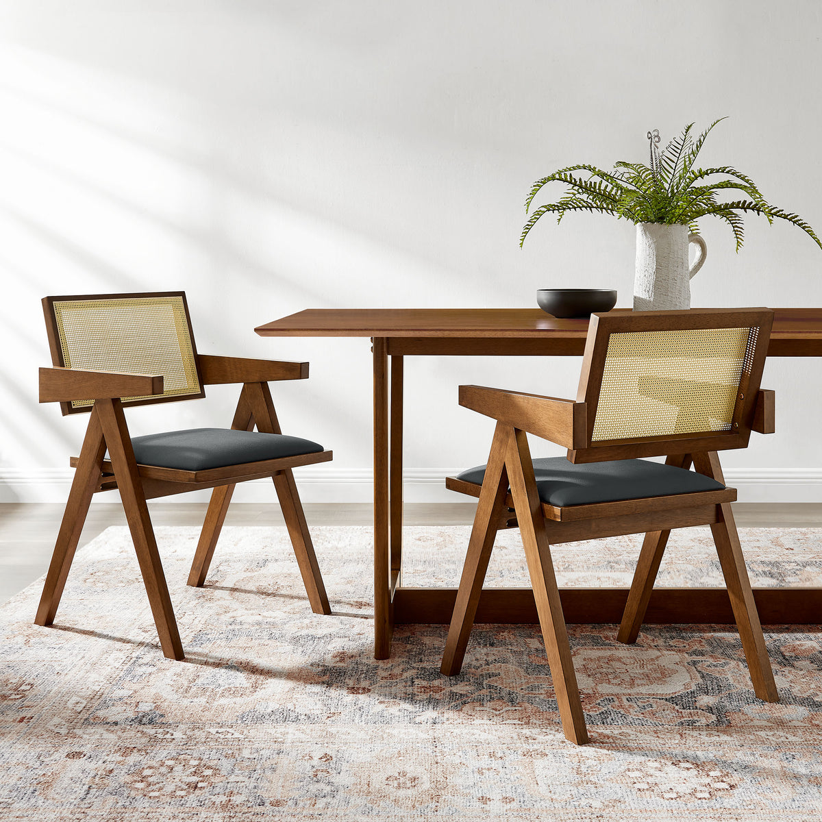 Thera Vegan Leather Cane Dining Armchairs Set of 2 - Walnut Black