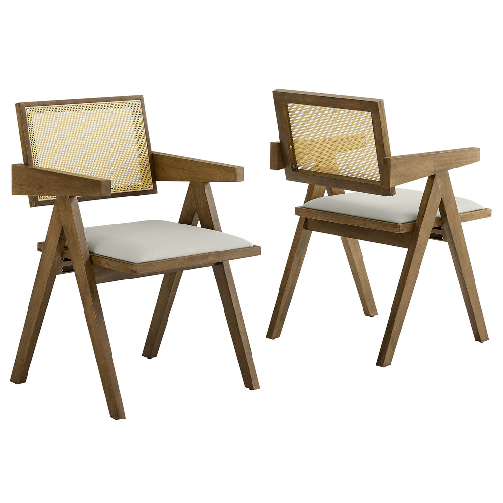 Thera Vegan Leather Cane Dining Armchairs Set of 2 - Weathered Oak Stone