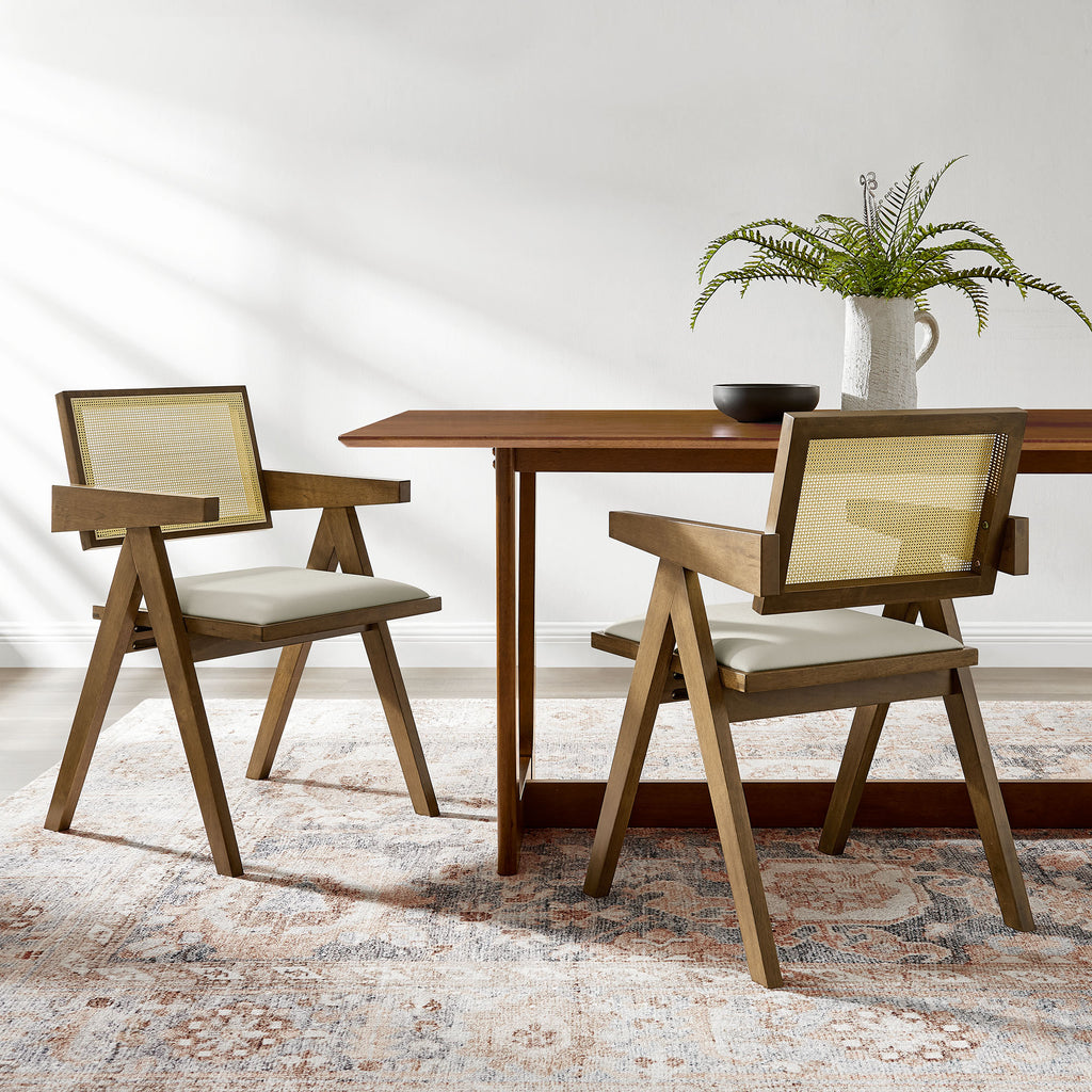 Thera Vegan Leather Cane Dining Armchairs Set of 2 - Weathered Oak Stone