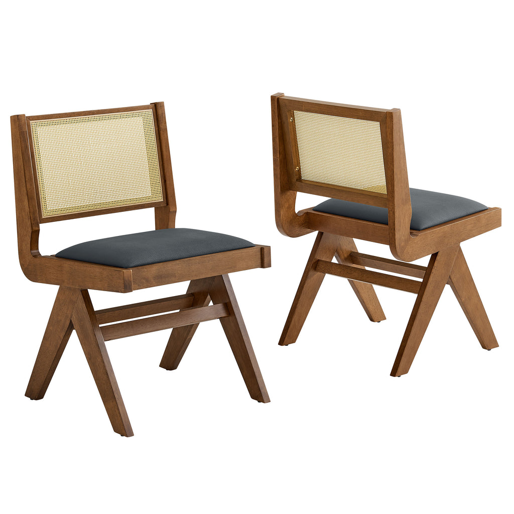 Thera Vegan Leather and Cane Dining Side Chairs Set of 2 - Walnut Black