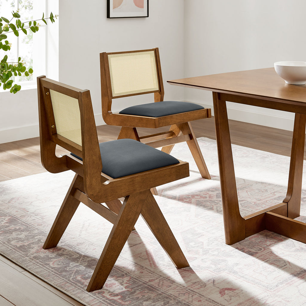 Thera Vegan Leather and Cane Dining Side Chairs Set of 2 - Walnut Black