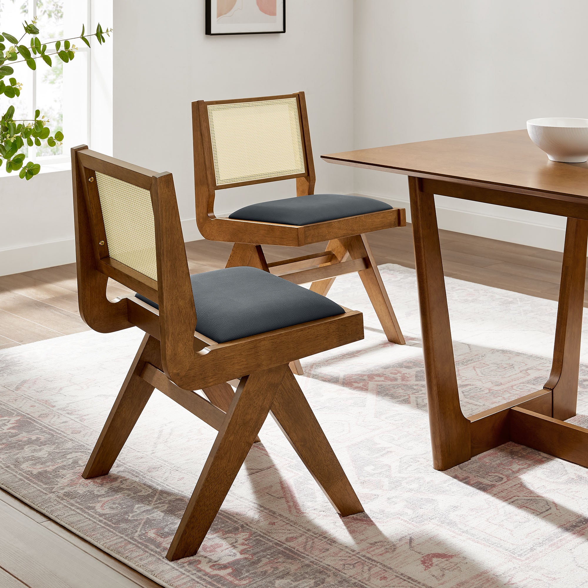 Thera Vegan Leather and Cane Dining Side Chairs Set of 2 - Walnut Black