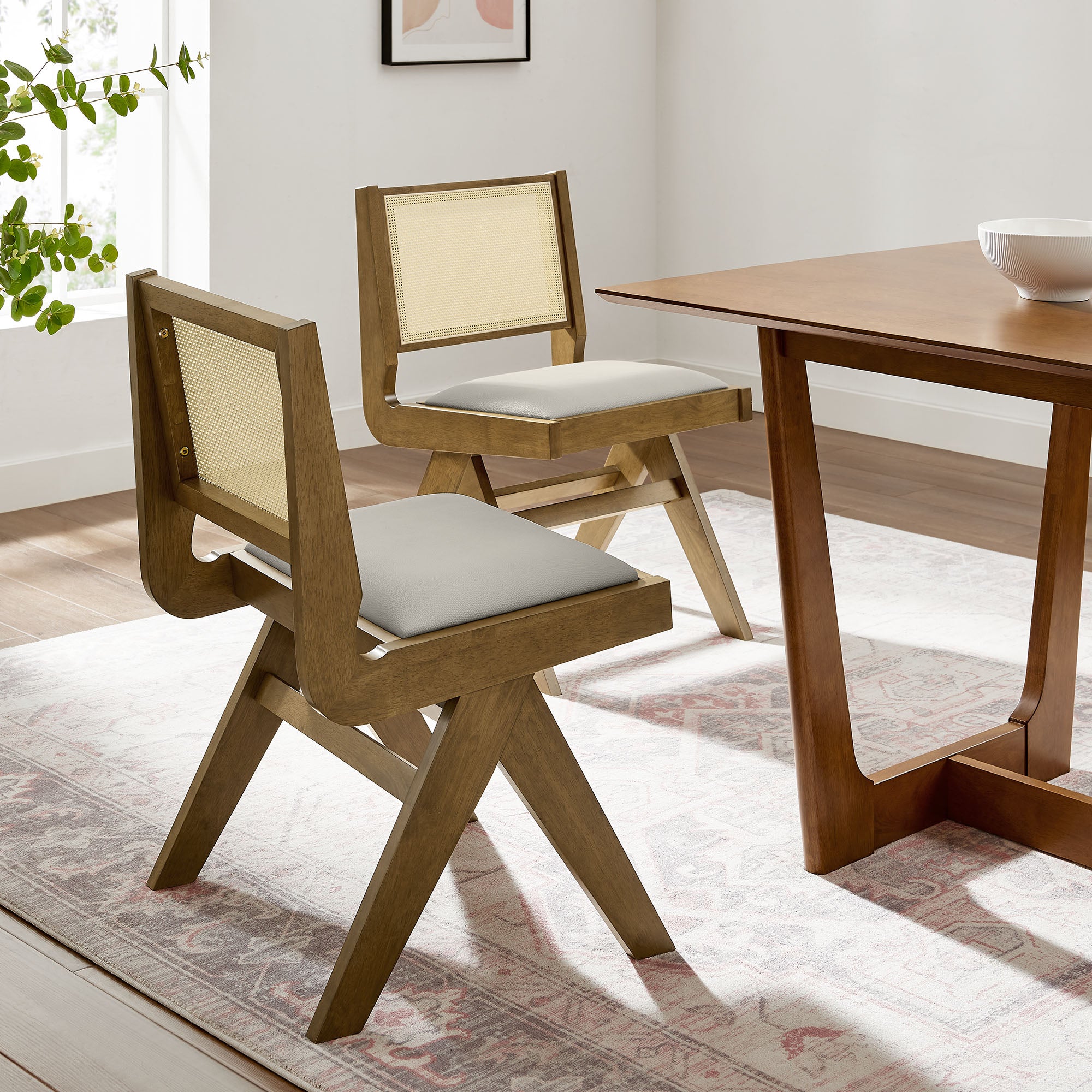 Thera Vegan Leather and Cane Dining Side Chairs Set of 2 - Weathered Oak Stone