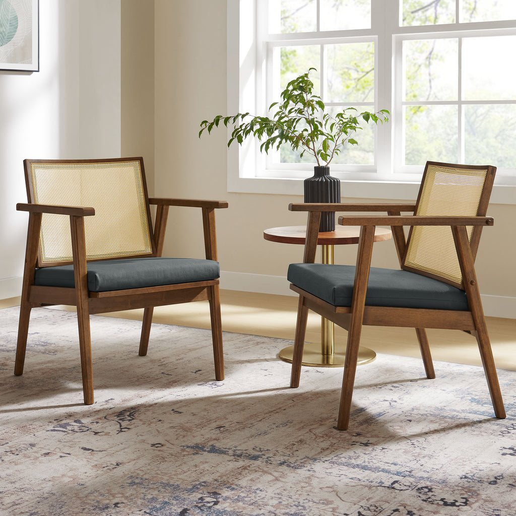 Thera Vegan Leather and Cane Accent Armchairs Set of 2 - Walnut Black