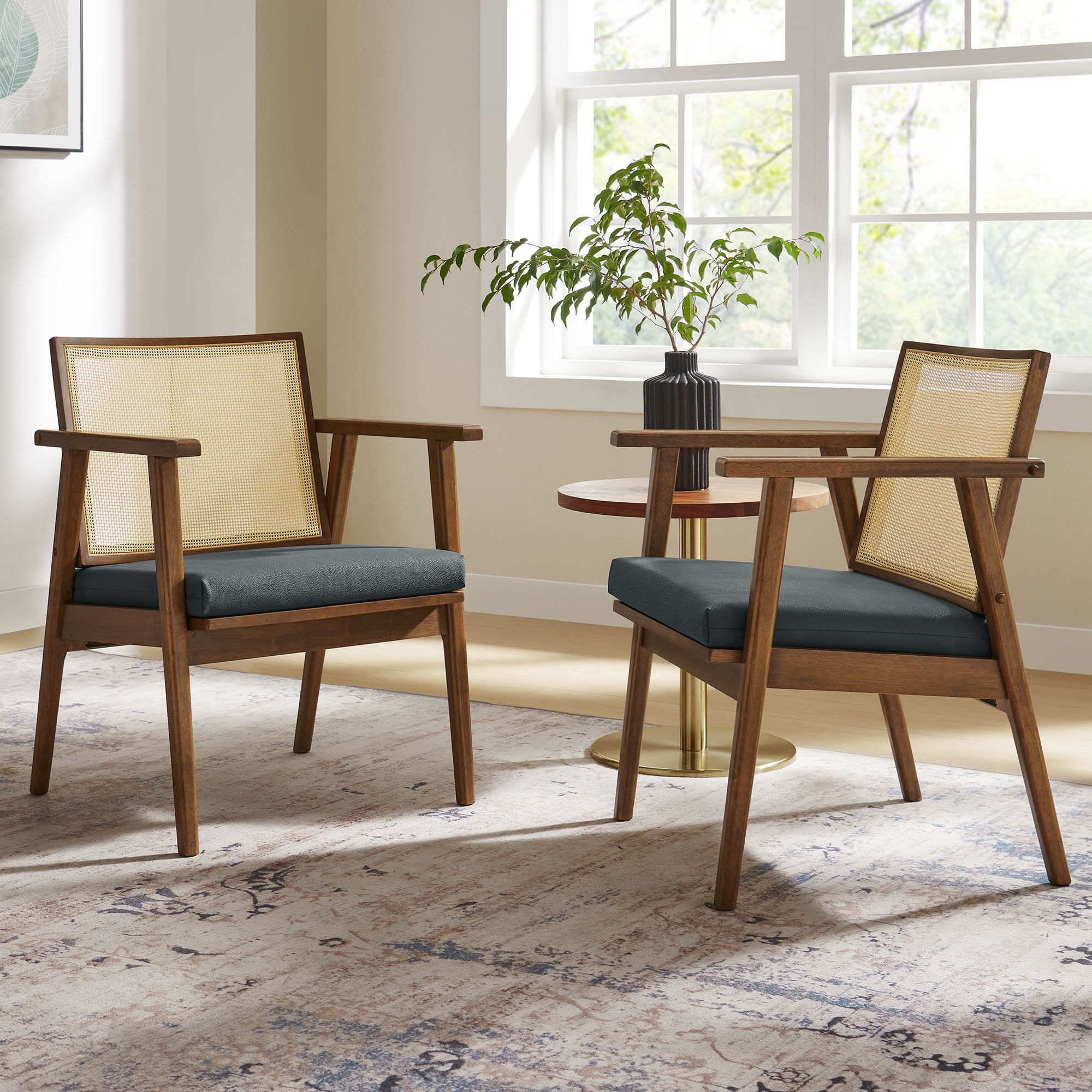 Thera Vegan Leather and Cane Accent Armchairs Set of 2 - Walnut Black