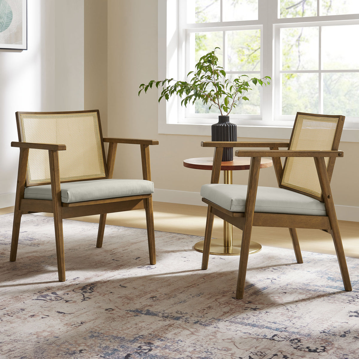 Thera Vegan Leather and Cane Accent Armchairs Set of 2 - Weathered Oak Stone