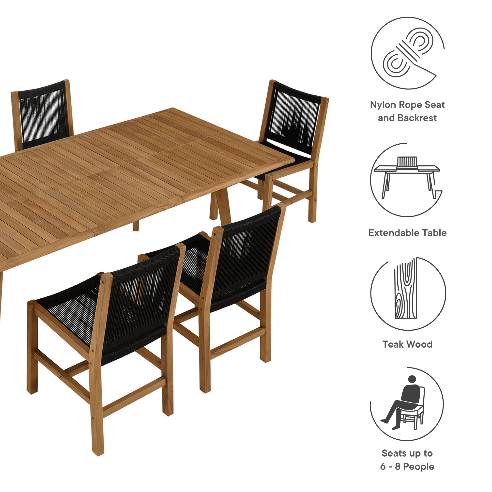Vienna 7-Piece Outdoor Patio Teak and Rope Dining Set with Armless Chairs - Natural Black