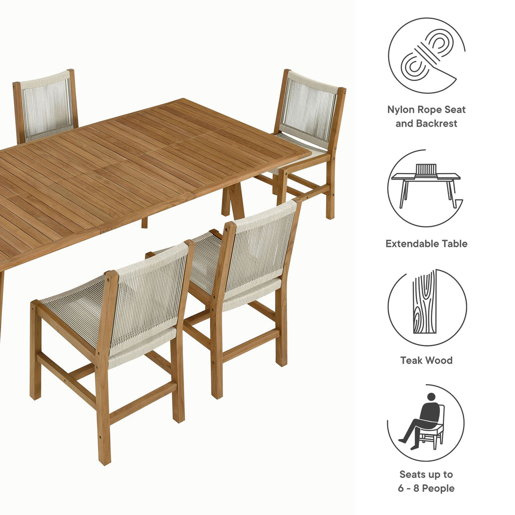 Vienna 7-Piece Outdoor Patio Teak and Rope Dining Set with Armless Chairs - Natural Natural