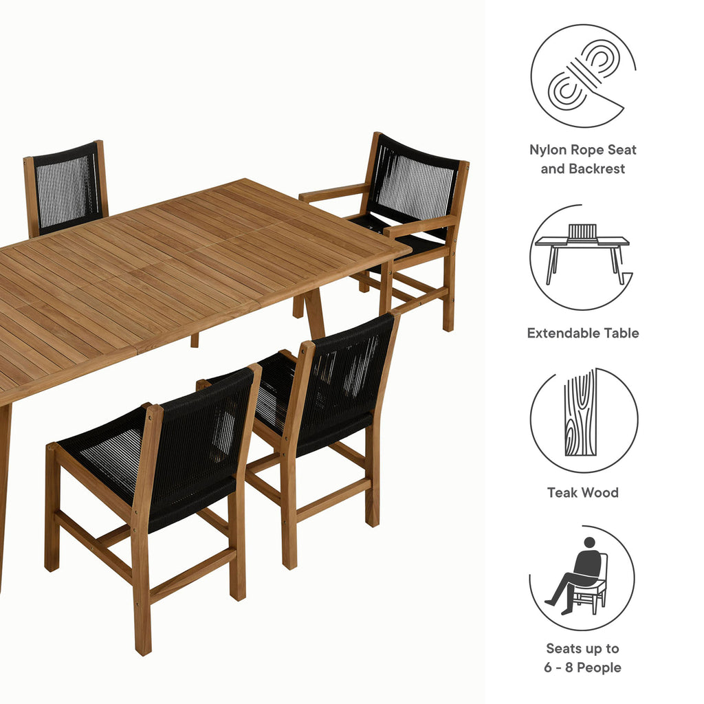 Vienna 7-Piece Outdoor Patio Teak and Rope Dining Set - Natural Black