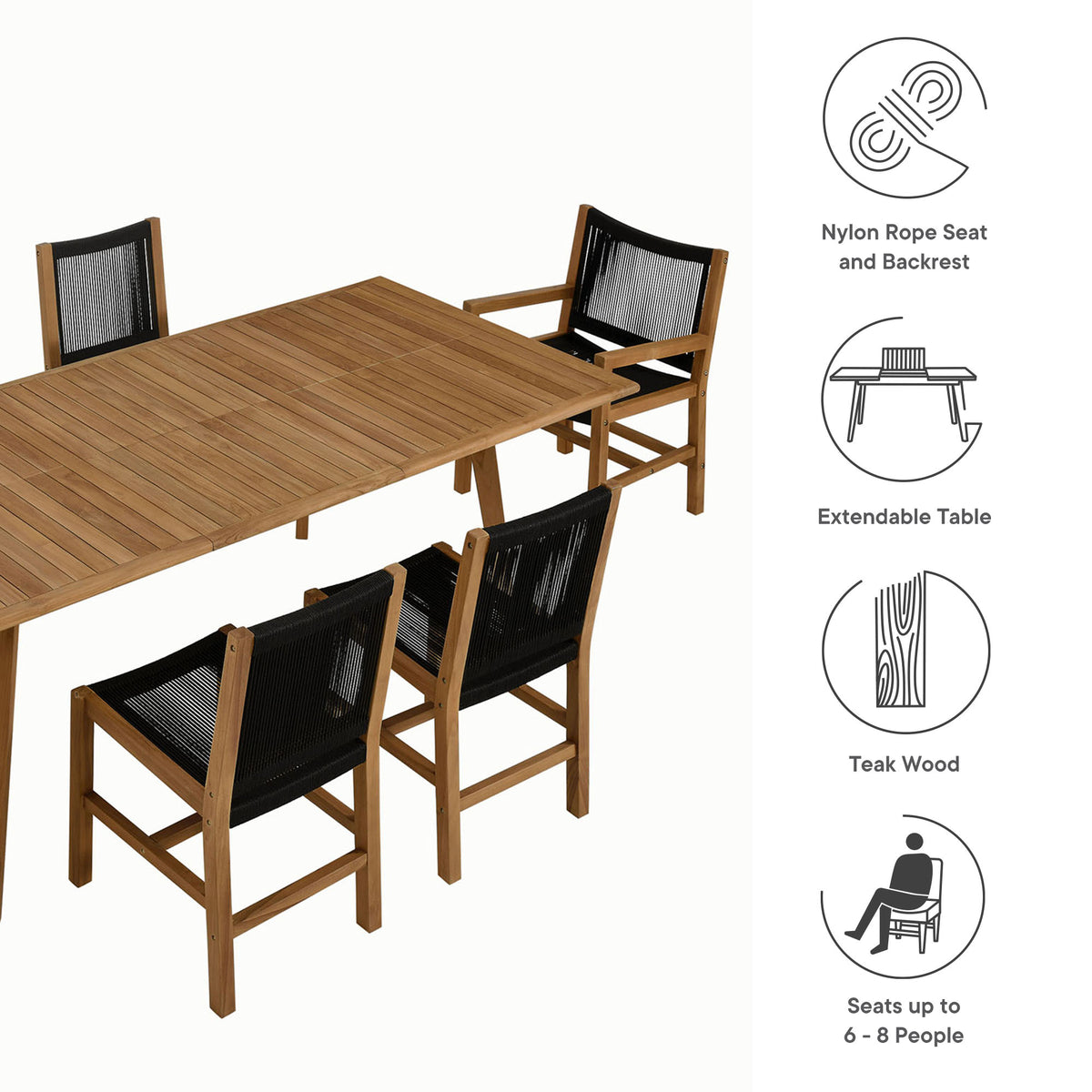 Vienna 7-Piece Outdoor Patio Teak and Rope Dining Set - Natural Black