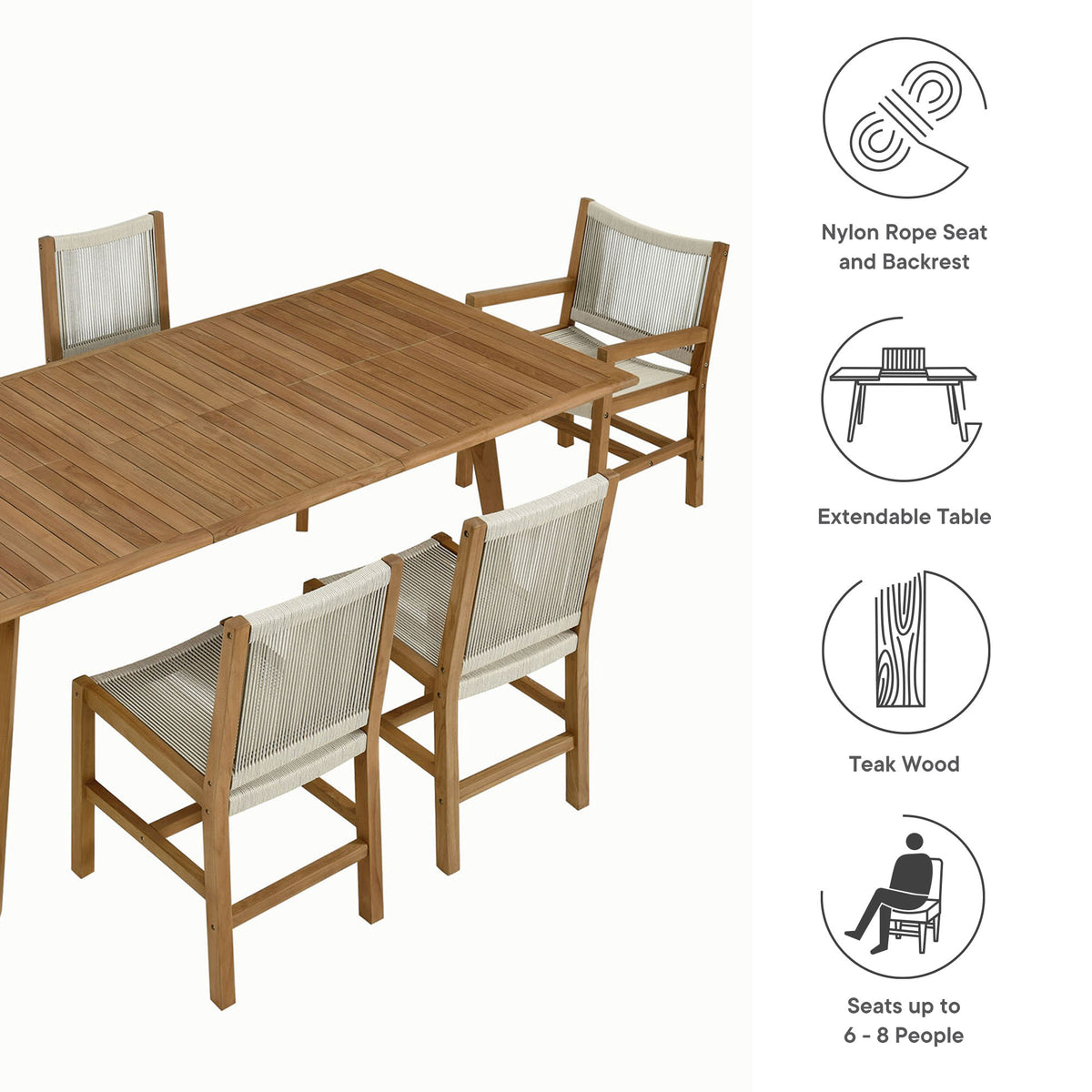 Vienna 7-Piece Outdoor Patio Teak and Rope Dining Set - Natural Natural
