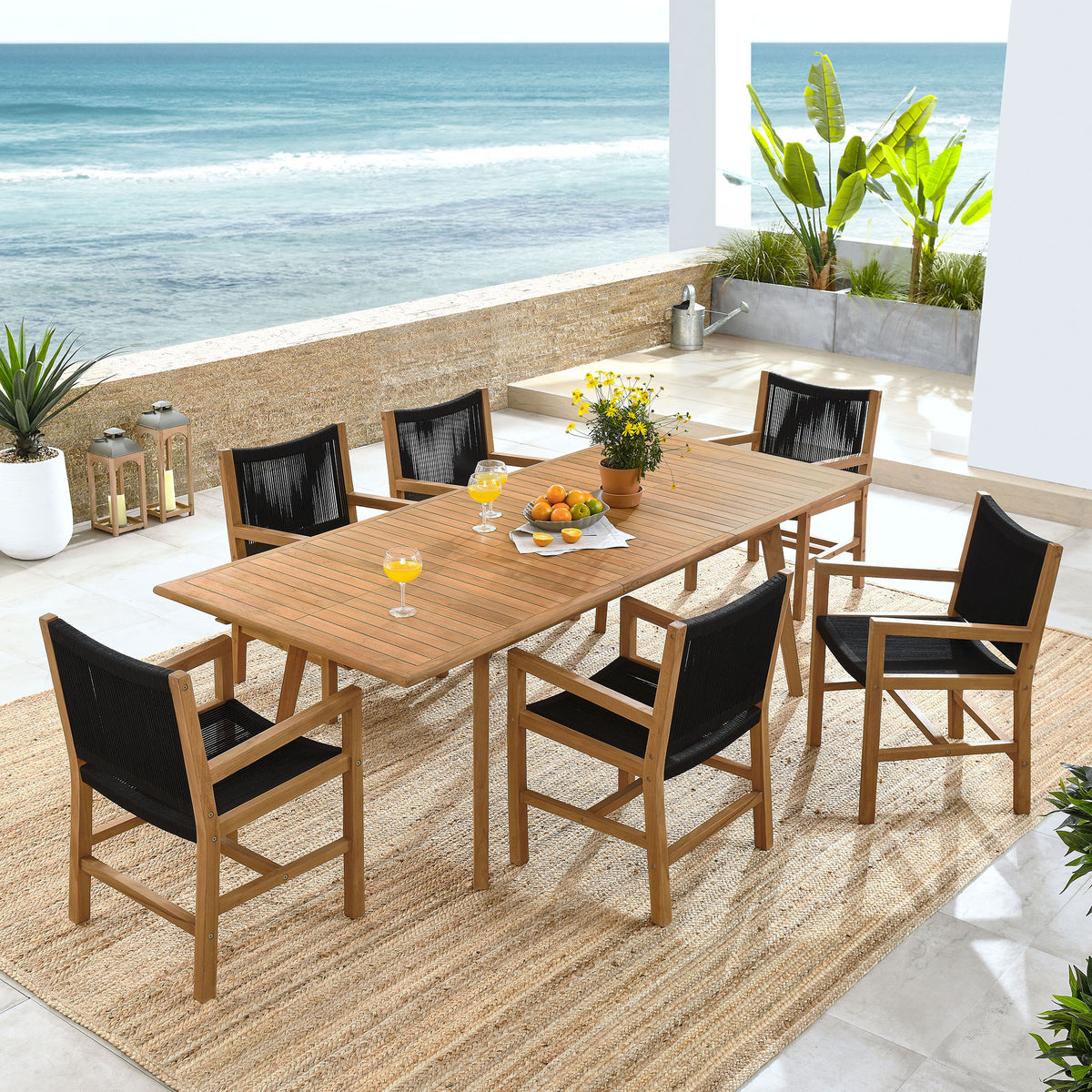Vienna 7-Piece Outdoor Patio Teak and Rope Dining Set with Armchairs - Natural Black