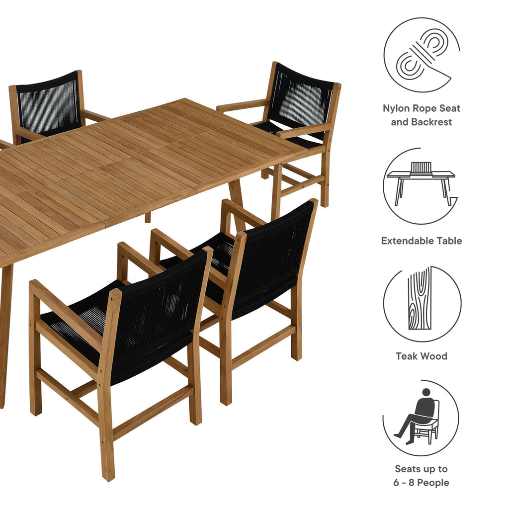 Vienna 7-Piece Outdoor Patio Teak and Rope Dining Set with Armchairs - Natural Black