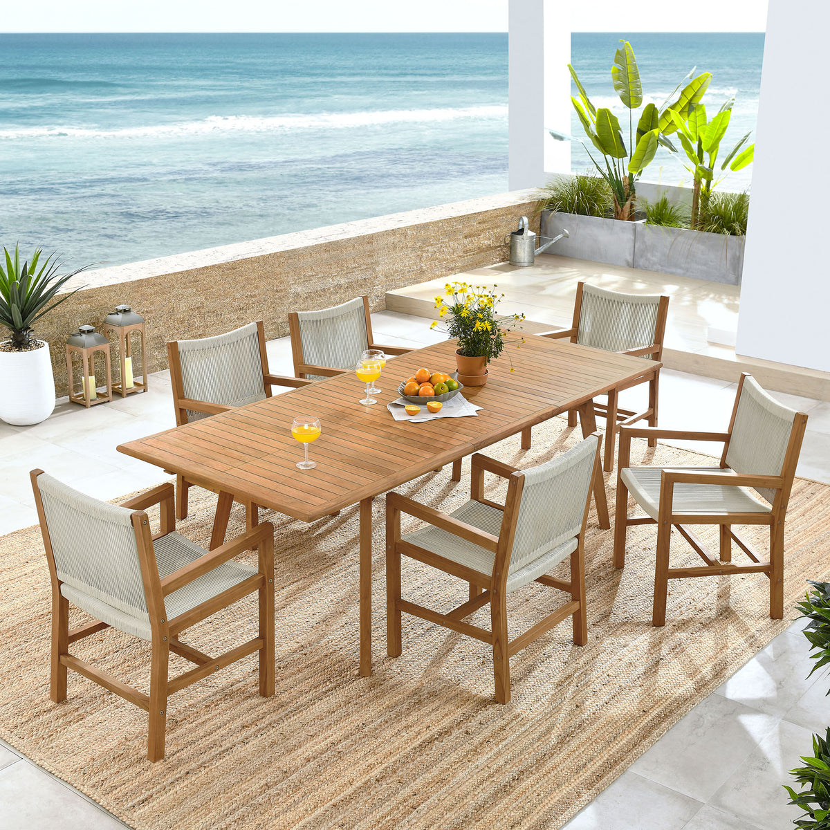 Vienna 7-Piece Outdoor Patio Teak and Rope Dining Set with Armchairs - Natural Natural