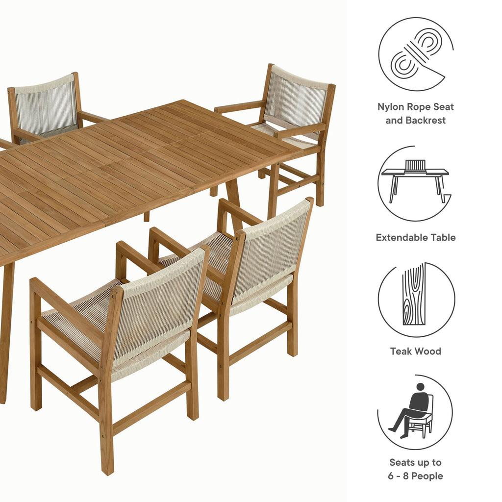 Vienna 7-Piece Outdoor Patio Teak and Rope Dining Set with Armchairs - Natural Natural