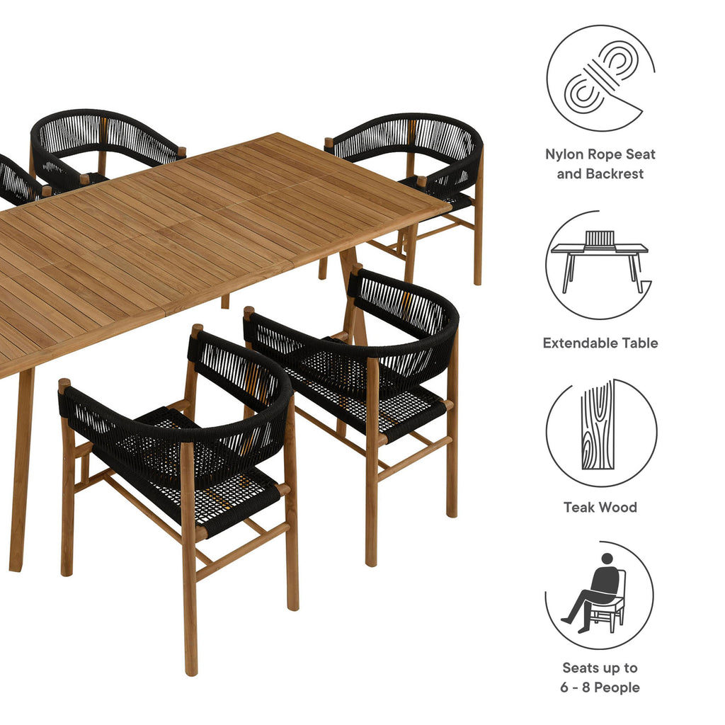 Vienna 7-Piece Outdoor Patio Teak and Rope Dining Set with Curved-Back Armchairs - Natural Black