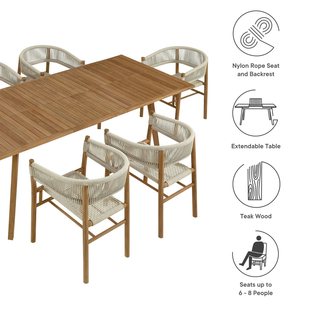 Vienna 7-Piece Outdoor Patio Teak and Rope Dining Set with Curved-Back Armchairs - Natural Natural