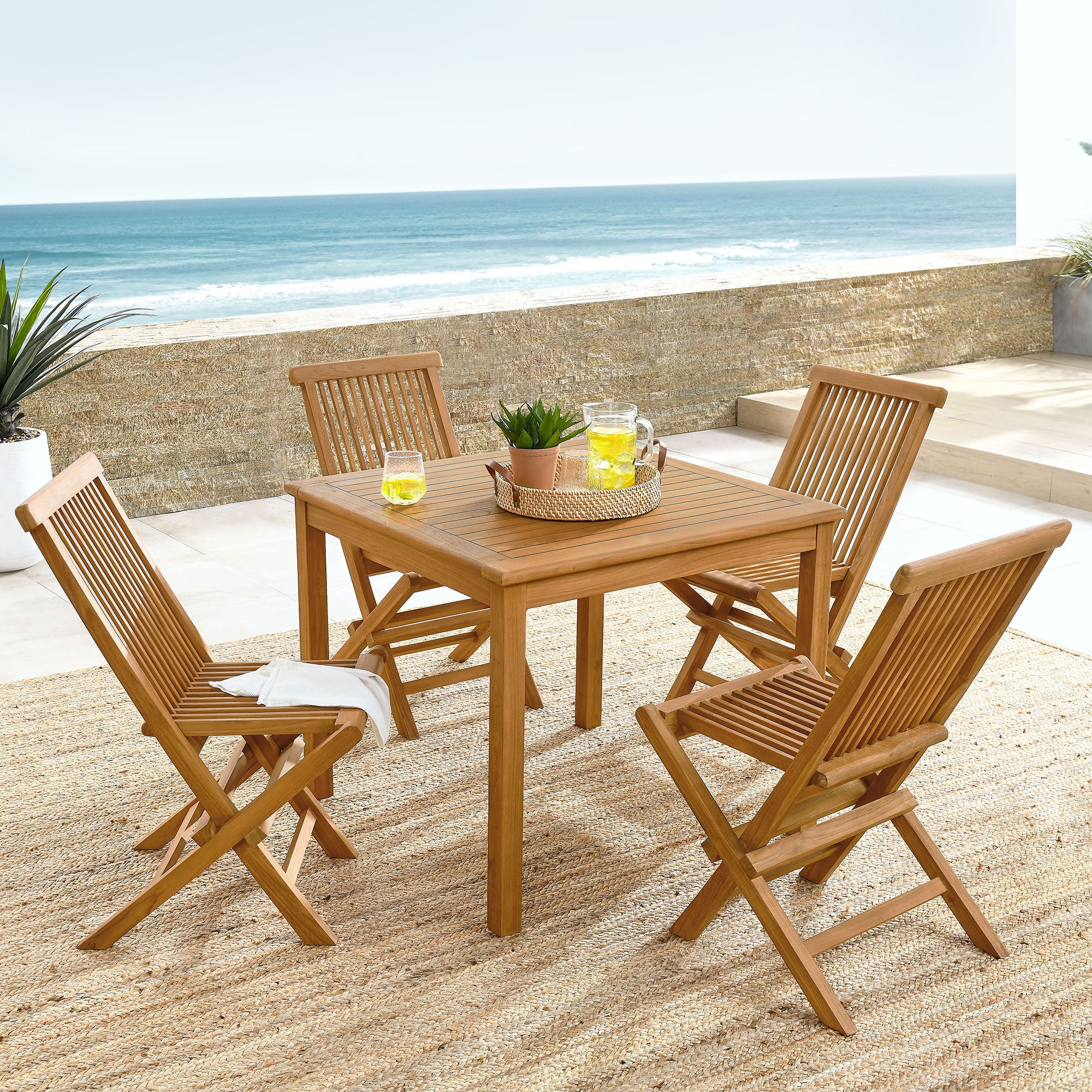 Vienna 5-Piece Outdoor Patio Teak Wood Dining Set with Folding Chairs - Natural Natural