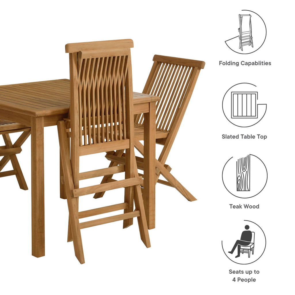 Vienna 5-Piece Outdoor Patio Teak Wood Dining Set with Folding Chairs - Natural Natural
