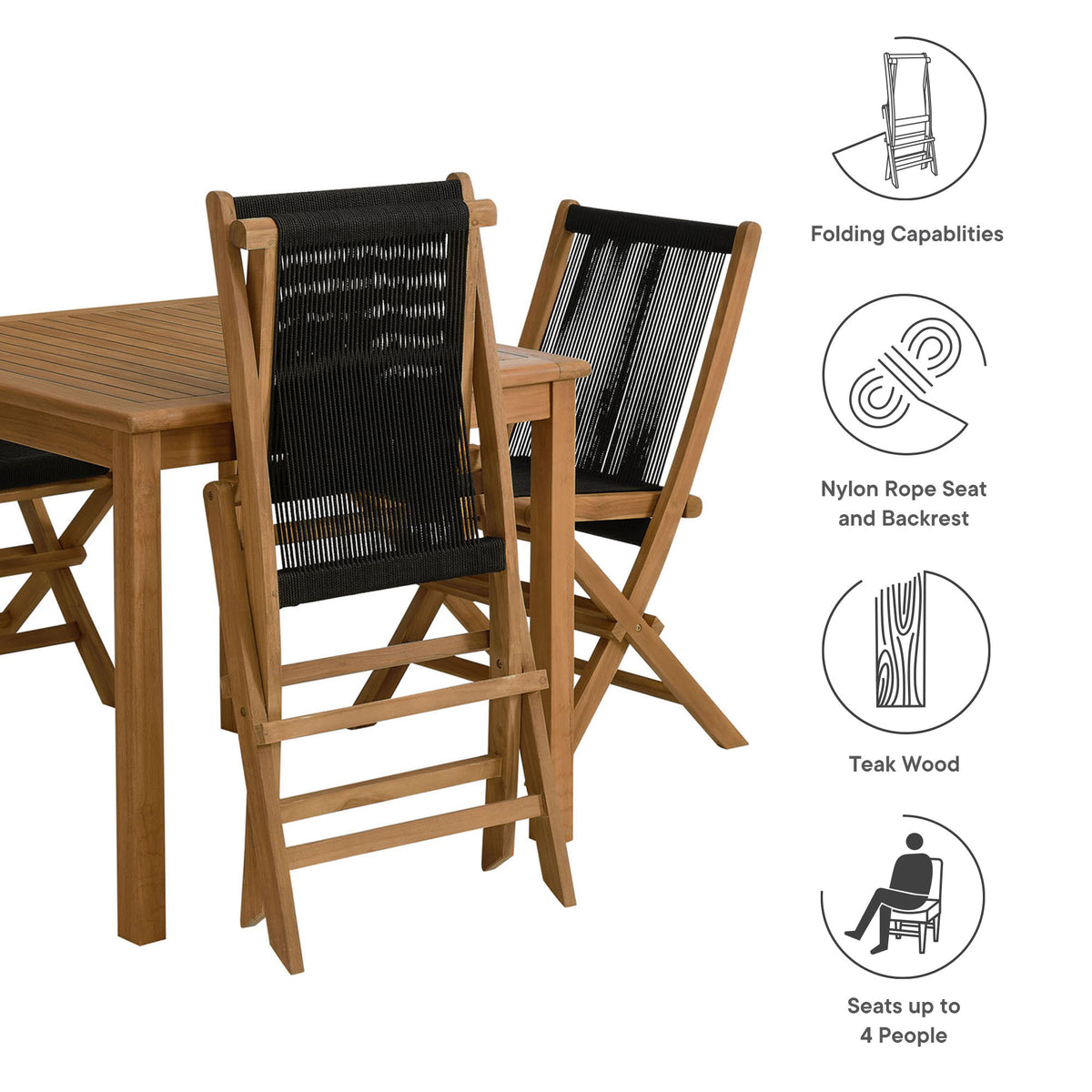 Vienna 5-Piece Outdoor Patio Teak Wood Dining Set with Rope Folding Chairs - Natural Black