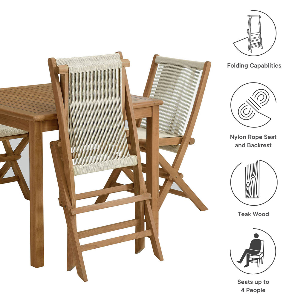 Vienna 5-Piece Outdoor Patio Teak Wood Dining Set with Rope Folding Chairs - Natural Natural