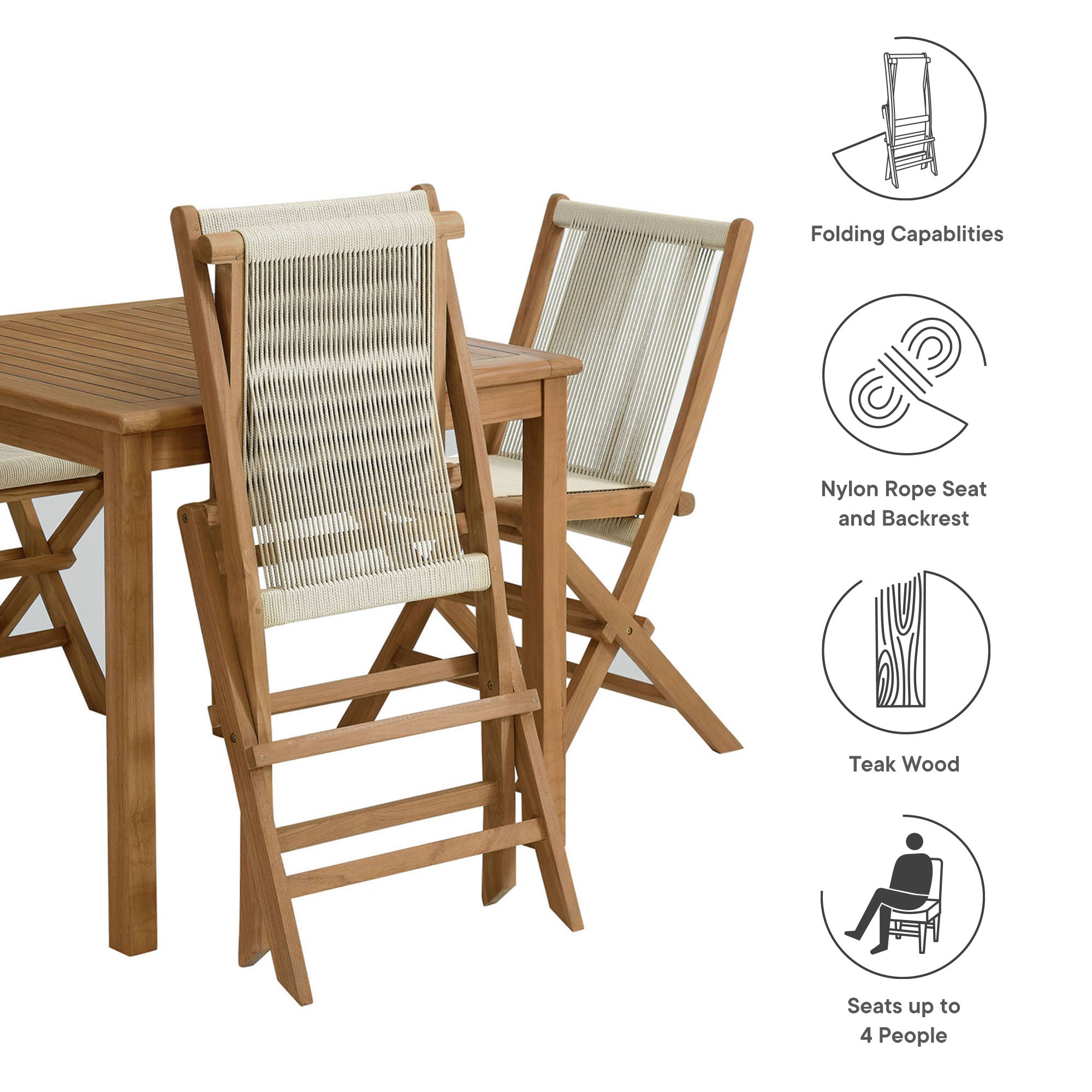 Vienna 5-Piece Outdoor Patio Teak Wood Dining Set with Rope Folding Chairs - Natural Natural