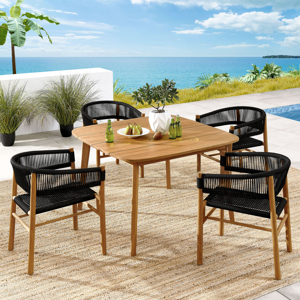 Vienna 5-Piece Outdoor Patio Teak and Rope Dining Set with Curved-Back Armchairs - Natural Black
