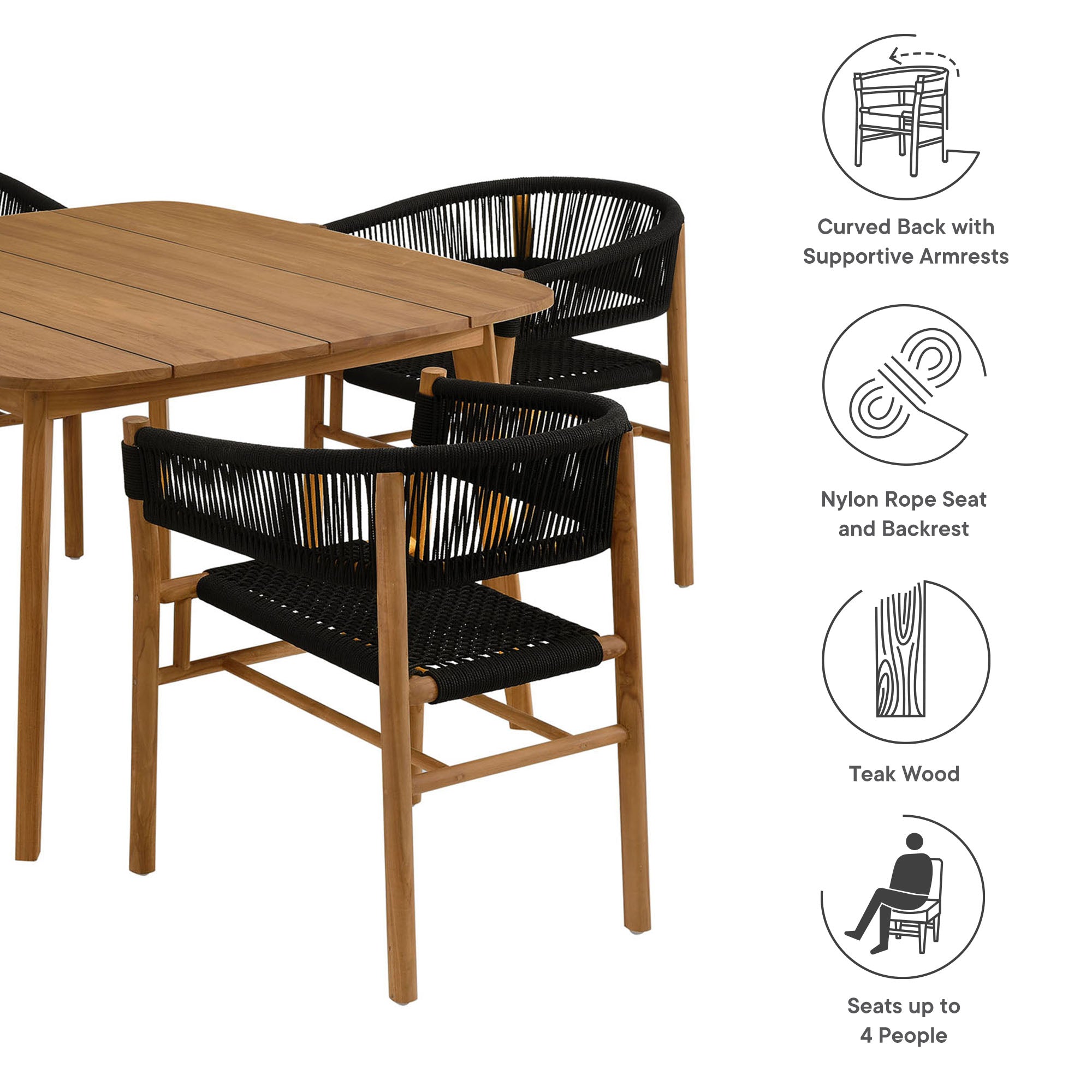 Vienna 5-Piece Outdoor Patio Teak and Rope Dining Set with Curved-Back Armchairs - Natural Black