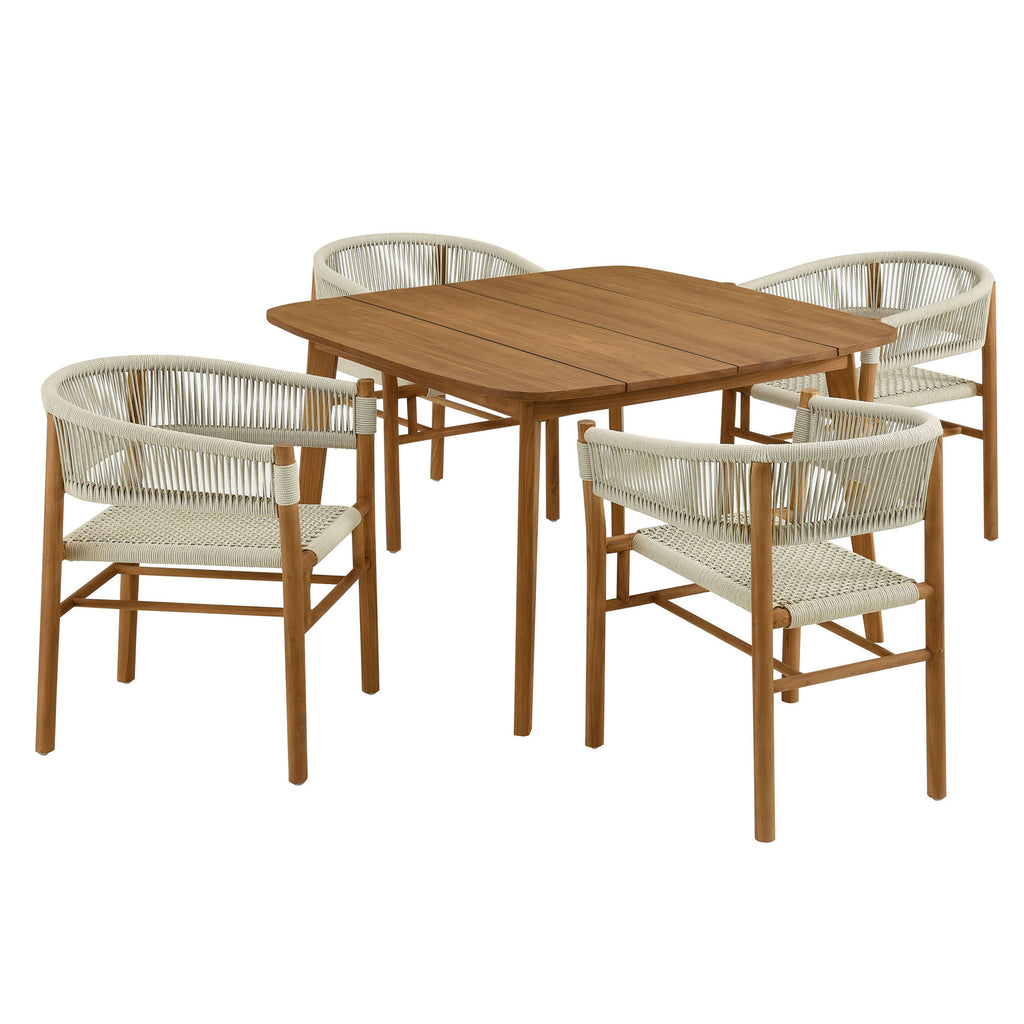 Vienna 5-Piece Outdoor Patio Teak and Rope Dining Set with Curved-Back Armchairs - Natural Natural