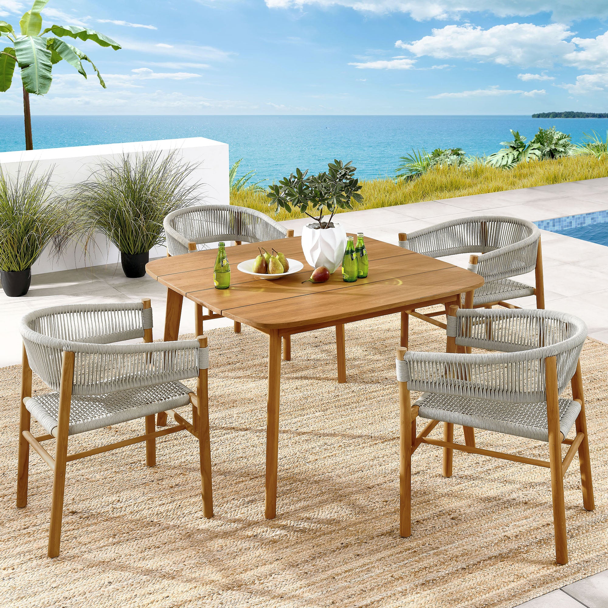 Vienna 5-Piece Outdoor Patio Teak and Rope Dining Set with Curved-Back Armchairs - Natural Natural
