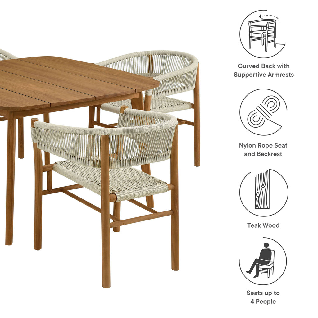 Vienna 5-Piece Outdoor Patio Teak and Rope Dining Set with Curved-Back Armchairs - Natural Natural