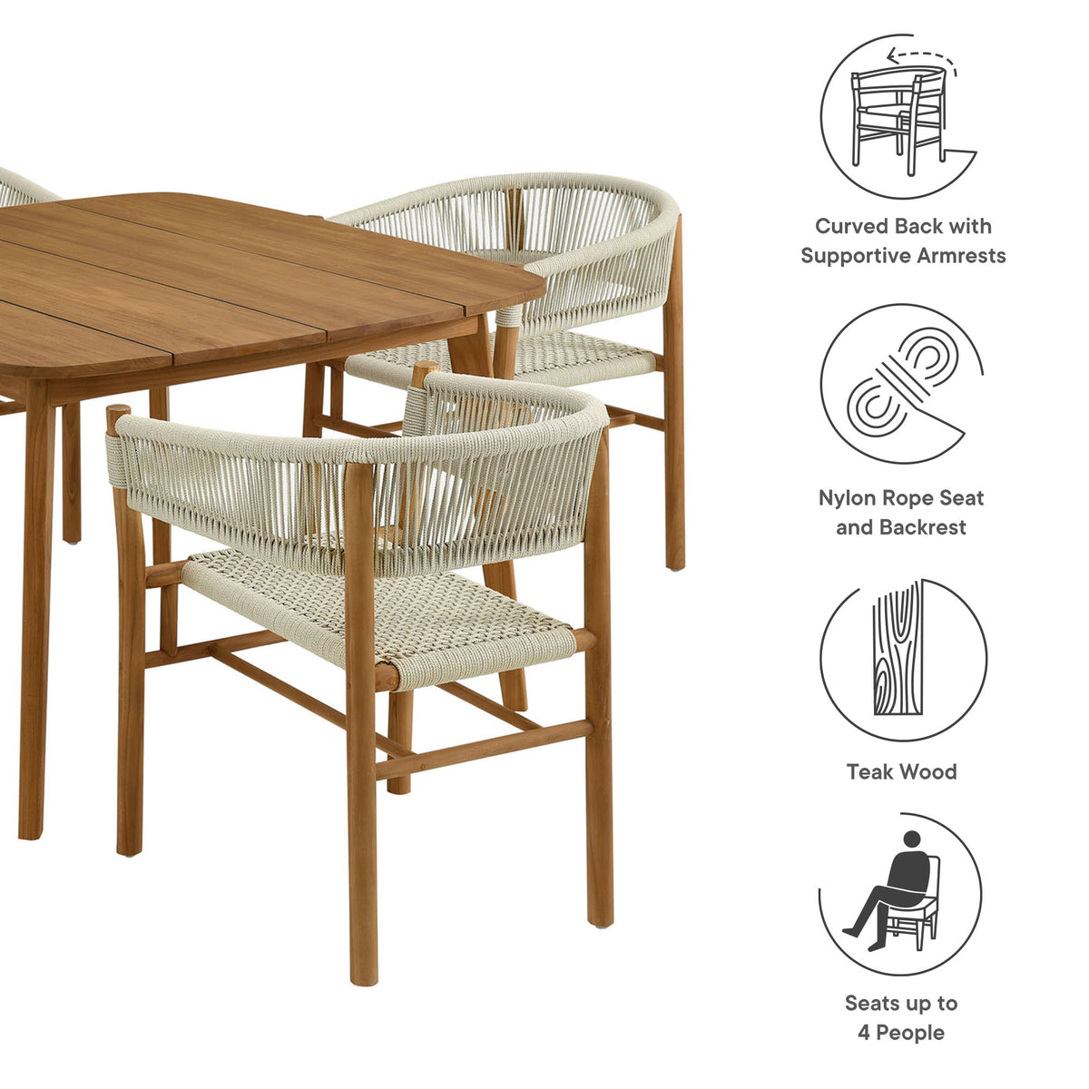 Vienna 5-Piece Outdoor Patio Teak and Rope Dining Set with Curved-Back Armchairs - Natural Natural