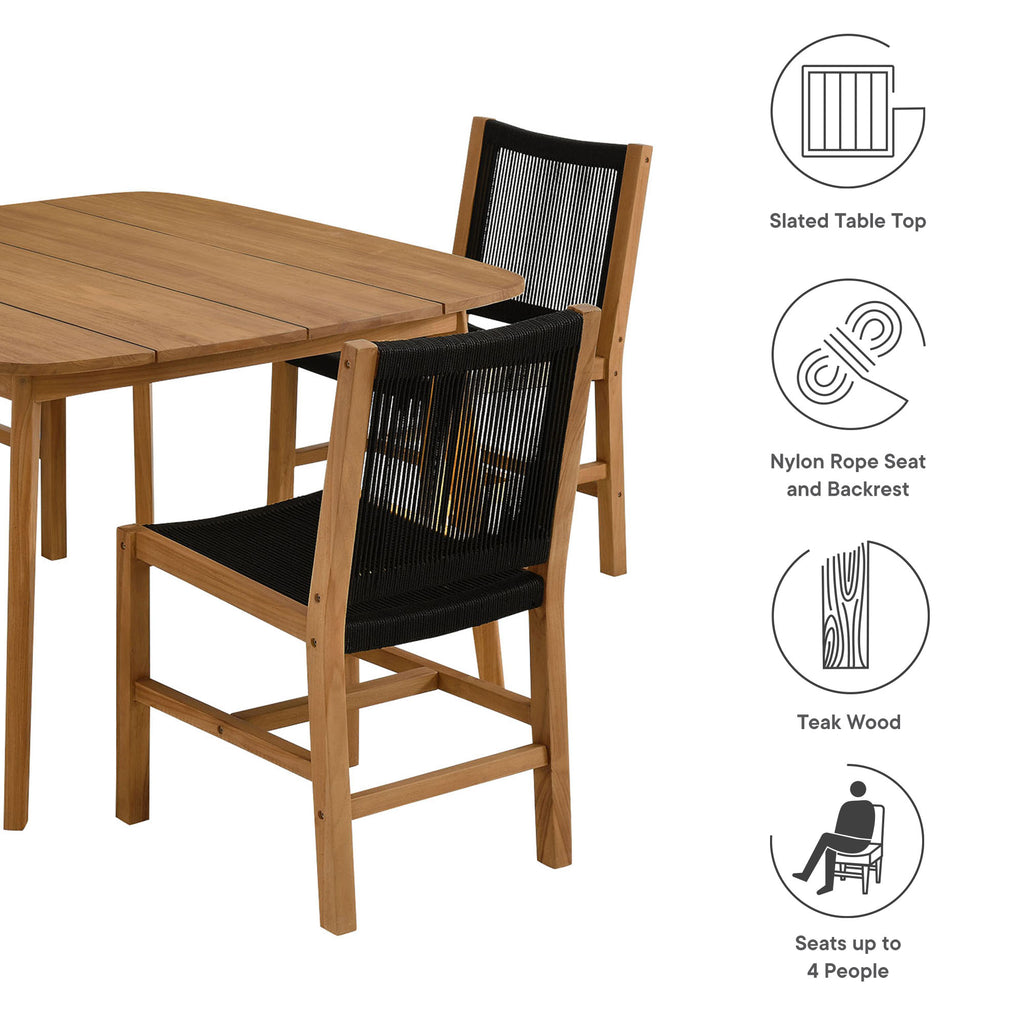 Vienna 5-Piece Outdoor Patio Teak and Rope Dining Set with Armless Chairs - Natural Black