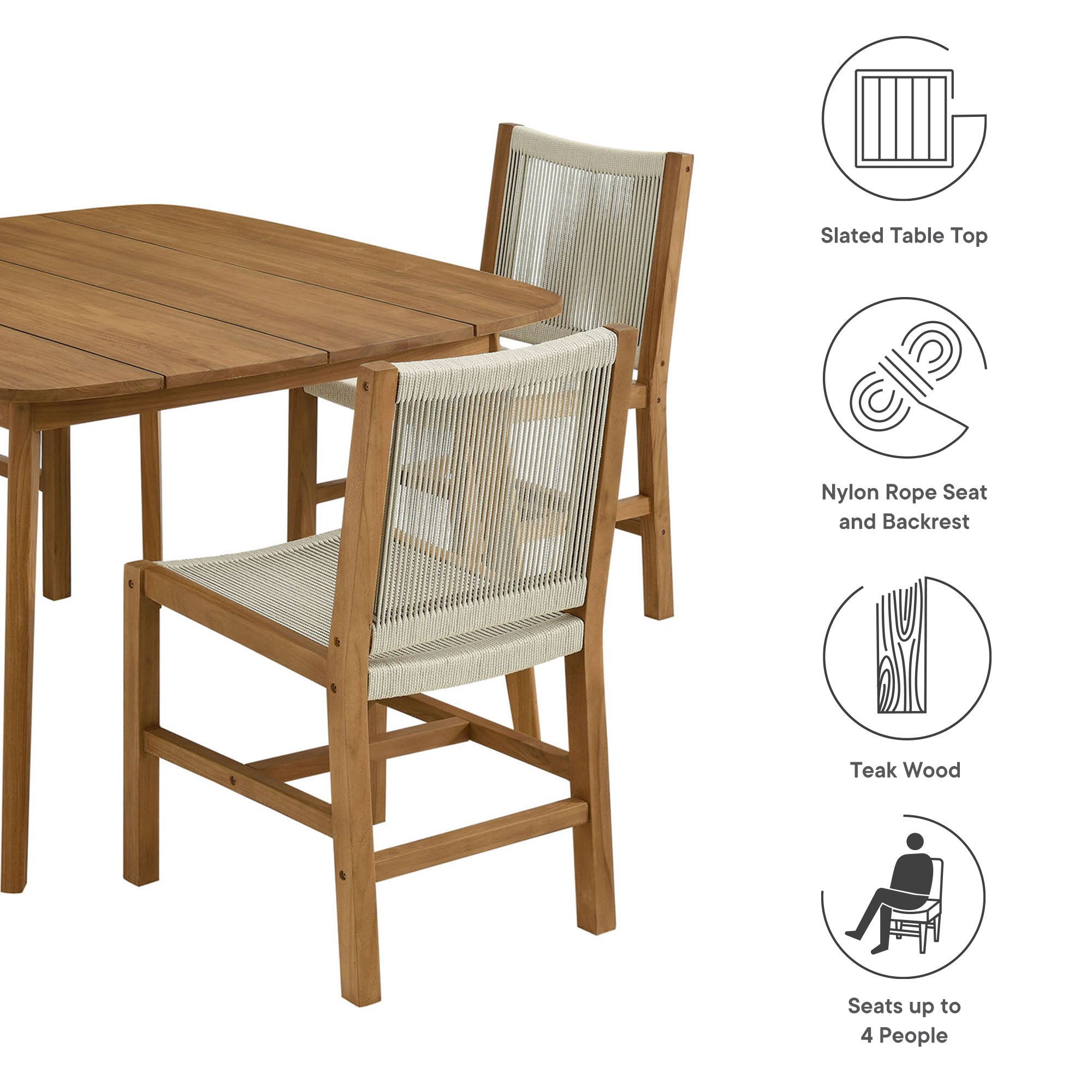 Vienna 5-Piece Outdoor Patio Teak and Rope Dining Set with Armless Chairs - Natural Natural