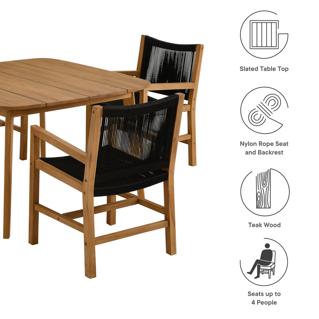 Vienna 5-Piece Outdoor Patio Teak and Rope Dining Set with Armchairs - Natural Black