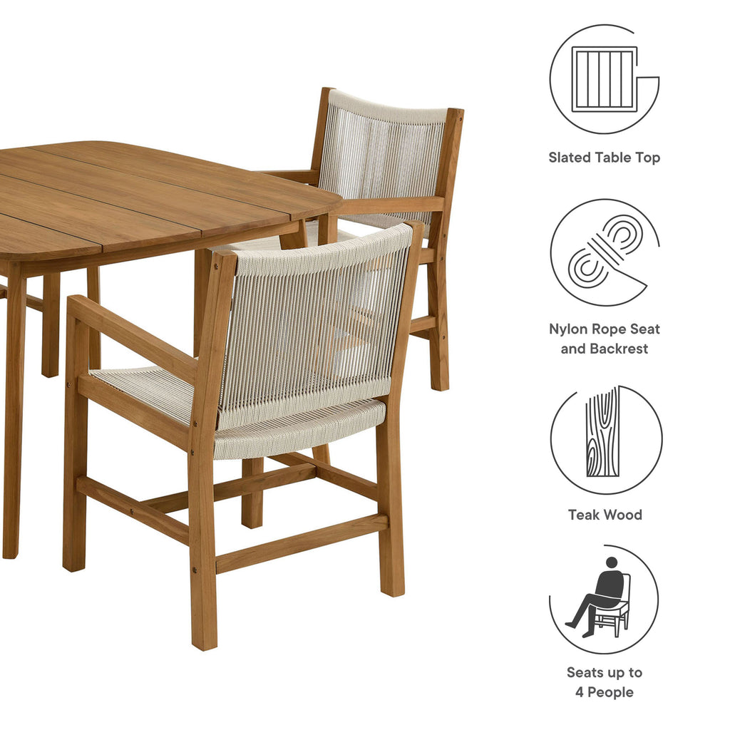Vienna 5-Piece Outdoor Patio Teak and Rope Dining Set with Armchairs - Natural Natural