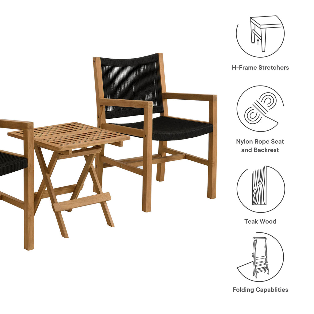 Vienna 3-Piece Outdoor Patio Teak and Rope Armchairs with Folding Side Table - Natural Black