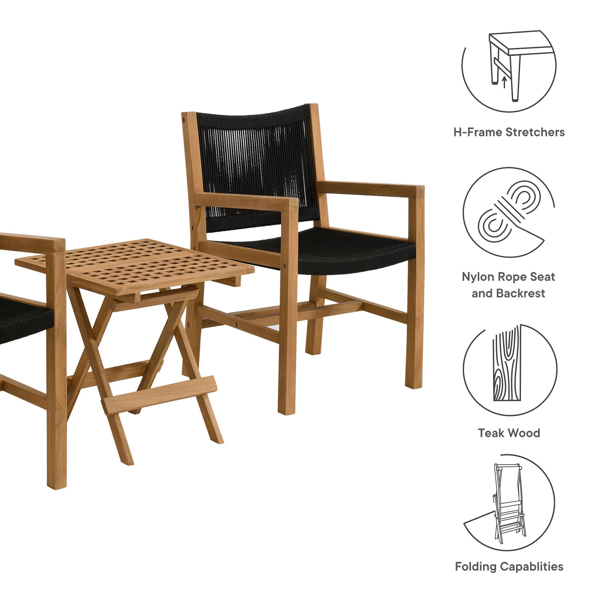Vienna 3-Piece Outdoor Patio Teak and Rope Armchairs with Folding Side Table - Natural Black