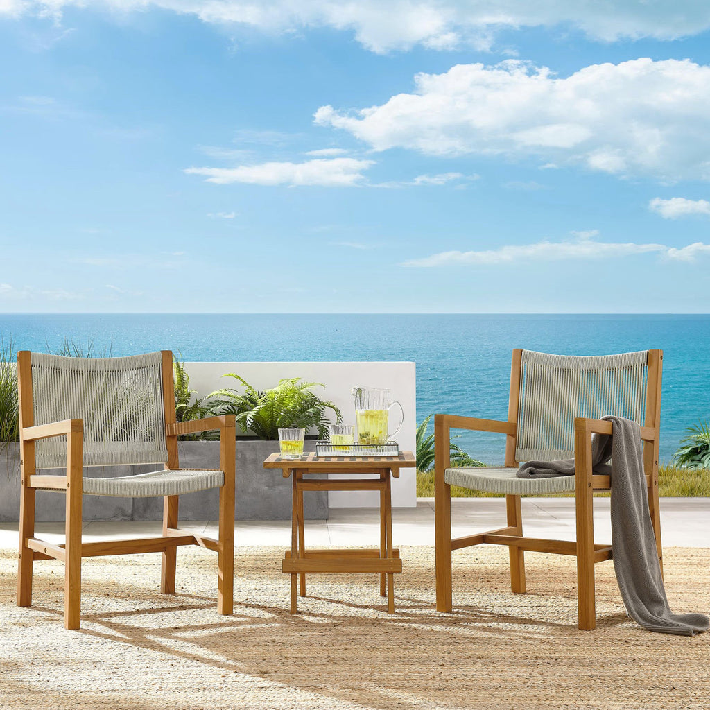 Vienna 3-Piece Outdoor Patio Teak and Rope Armchairs with Folding Side Table - Natural Natural