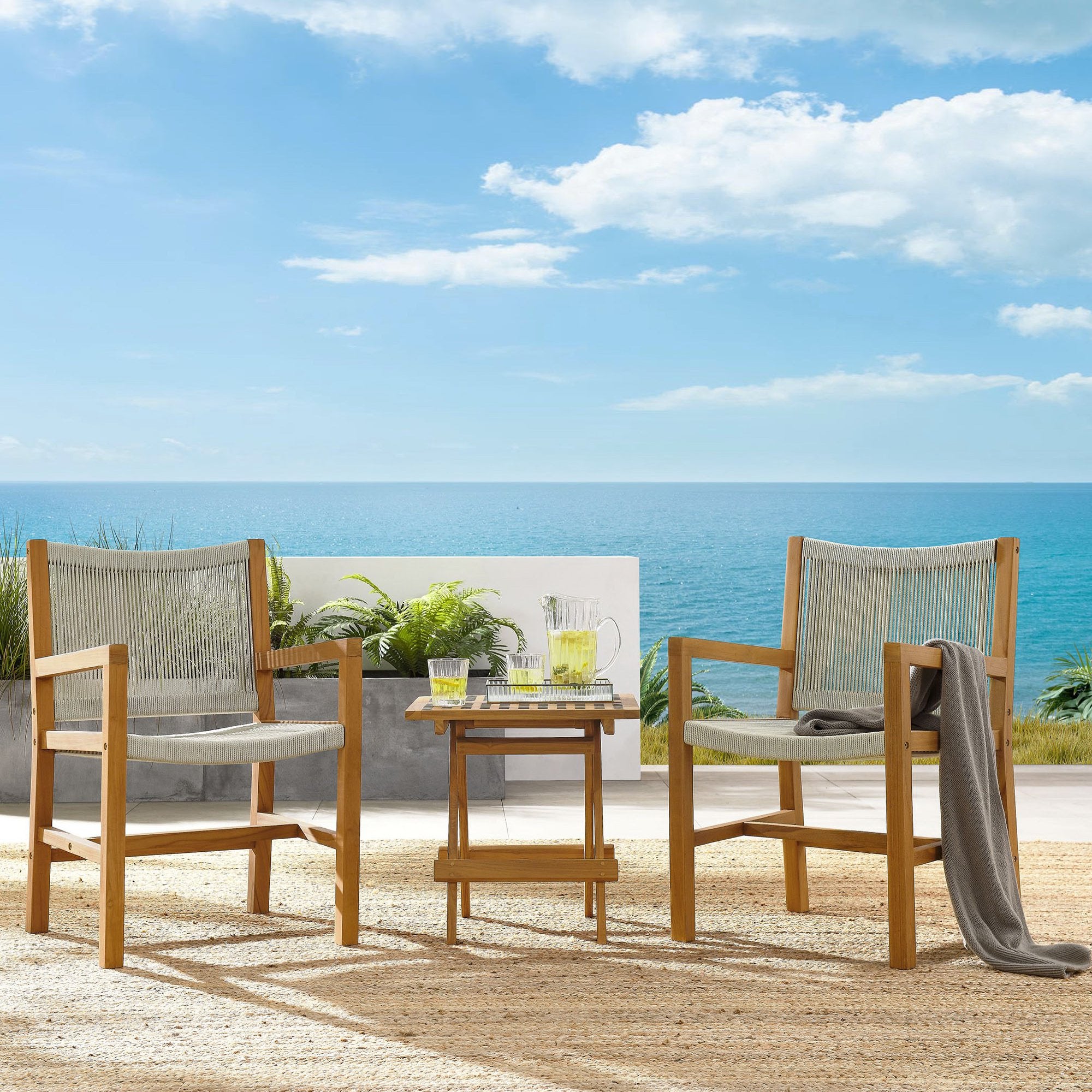Vienna 3-Piece Outdoor Patio Teak and Rope Armchairs with Folding Side Table - Natural Natural