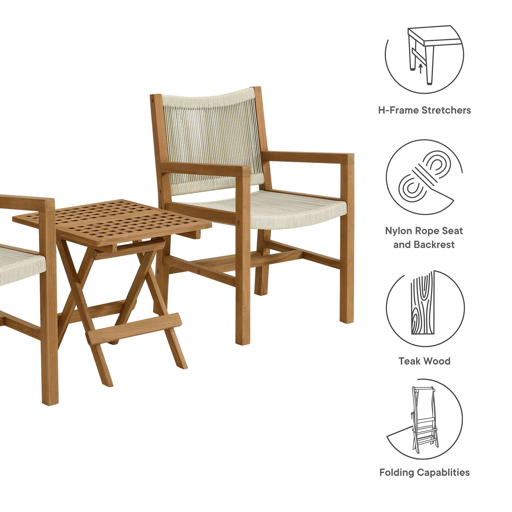 Vienna 3-Piece Outdoor Patio Teak and Rope Armchairs with Folding Side Table - Natural Natural