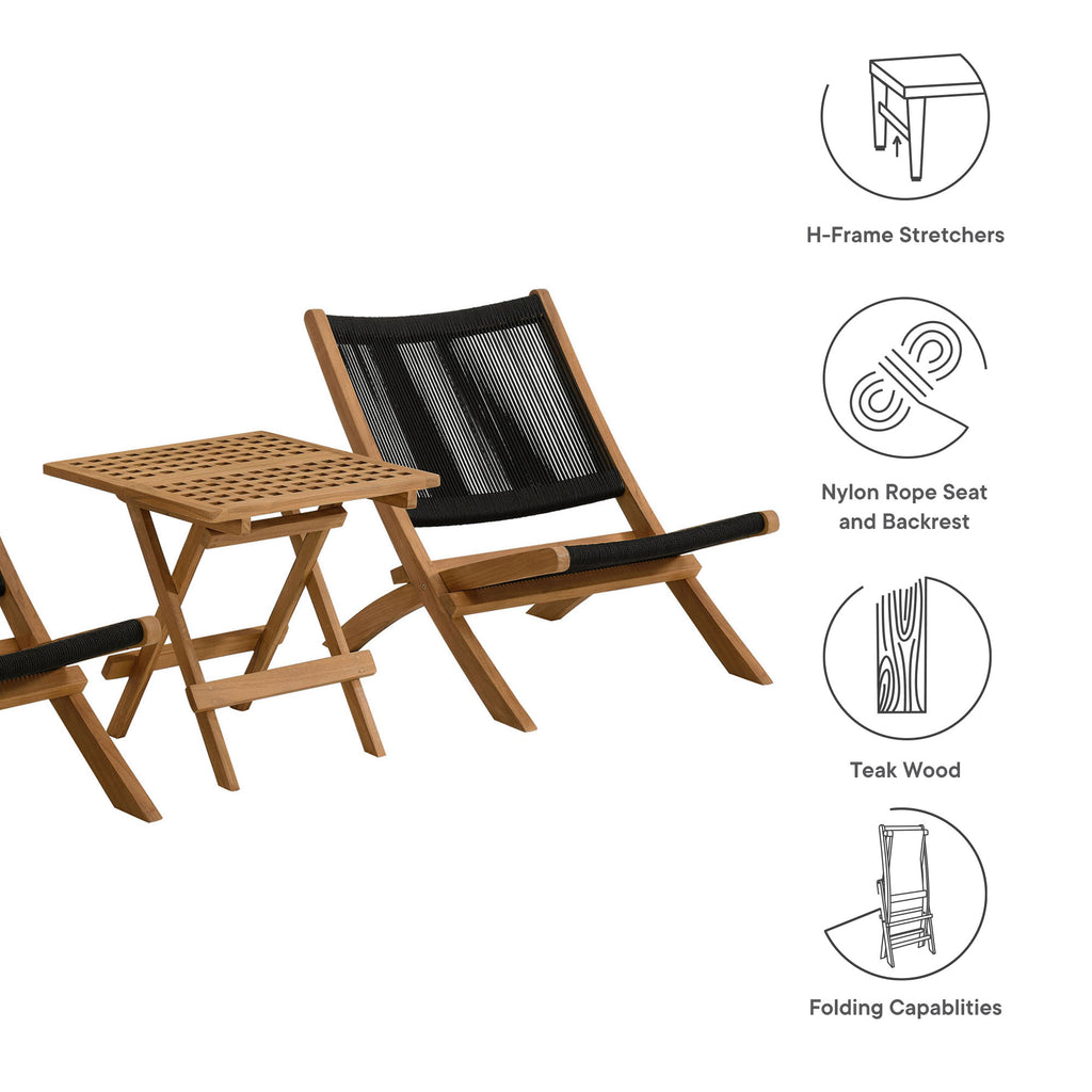 Vienna 3-Piece Outdoor Patio Teak and Rope Folding Lounge Chairs and Side Table - Natural Black