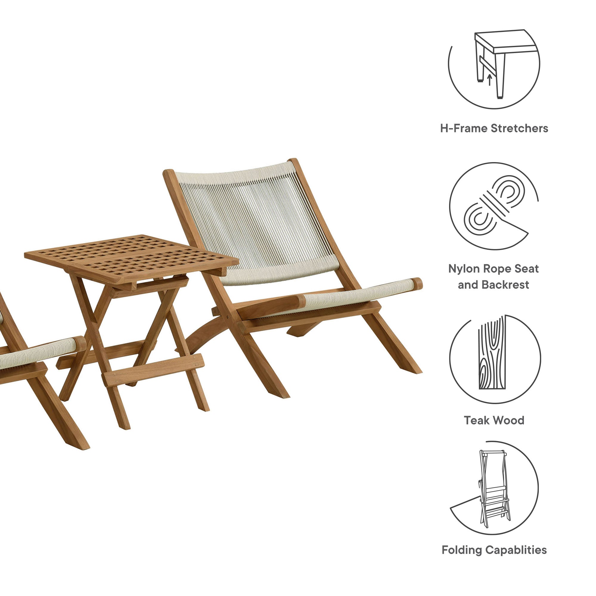 Vienna 3-Piece Outdoor Patio Teak and Rope Folding Lounge Chairs and Side Table - Natural Natural