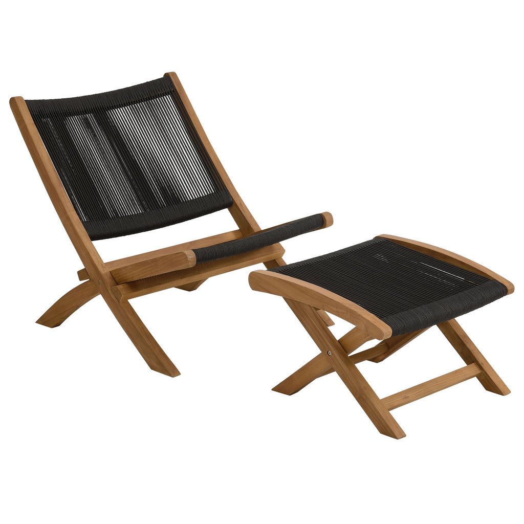 Vienna 2-Piece Outdoor Patio Teak and Rope Folding Accent Lounge Chair and Ottoman Set - Natural Black