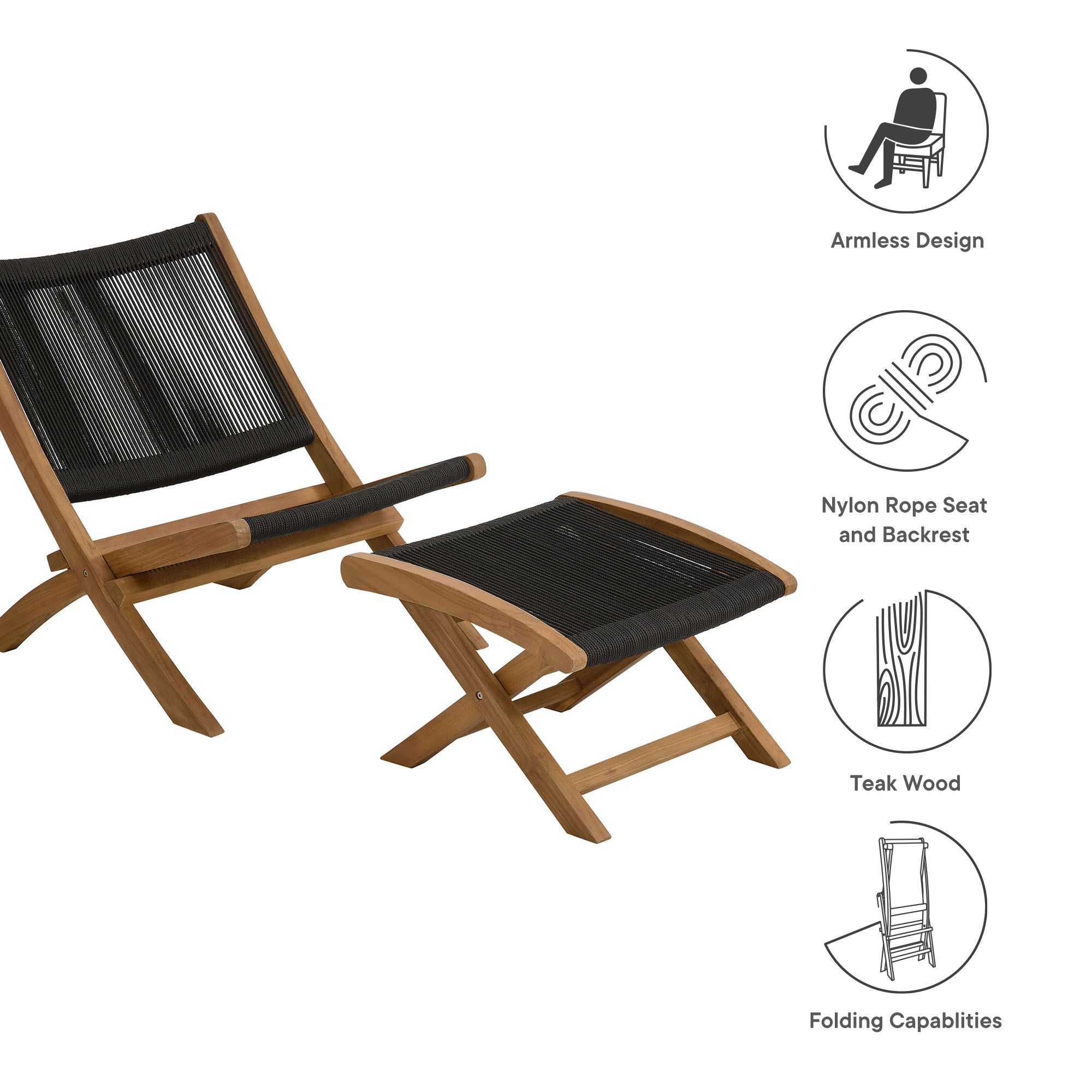 Vienna 2-Piece Outdoor Patio Teak and Rope Folding Accent Lounge Chair and Ottoman Set - Natural Black