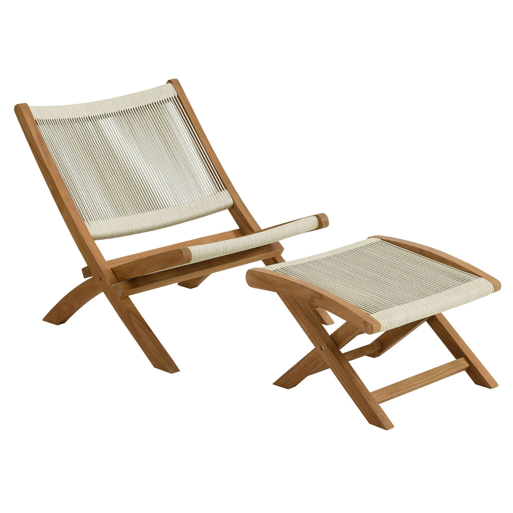 Vienna 2-Piece Outdoor Patio Teak and Rope Folding Accent Lounge Chair and Ottoman Set - Natural Natural