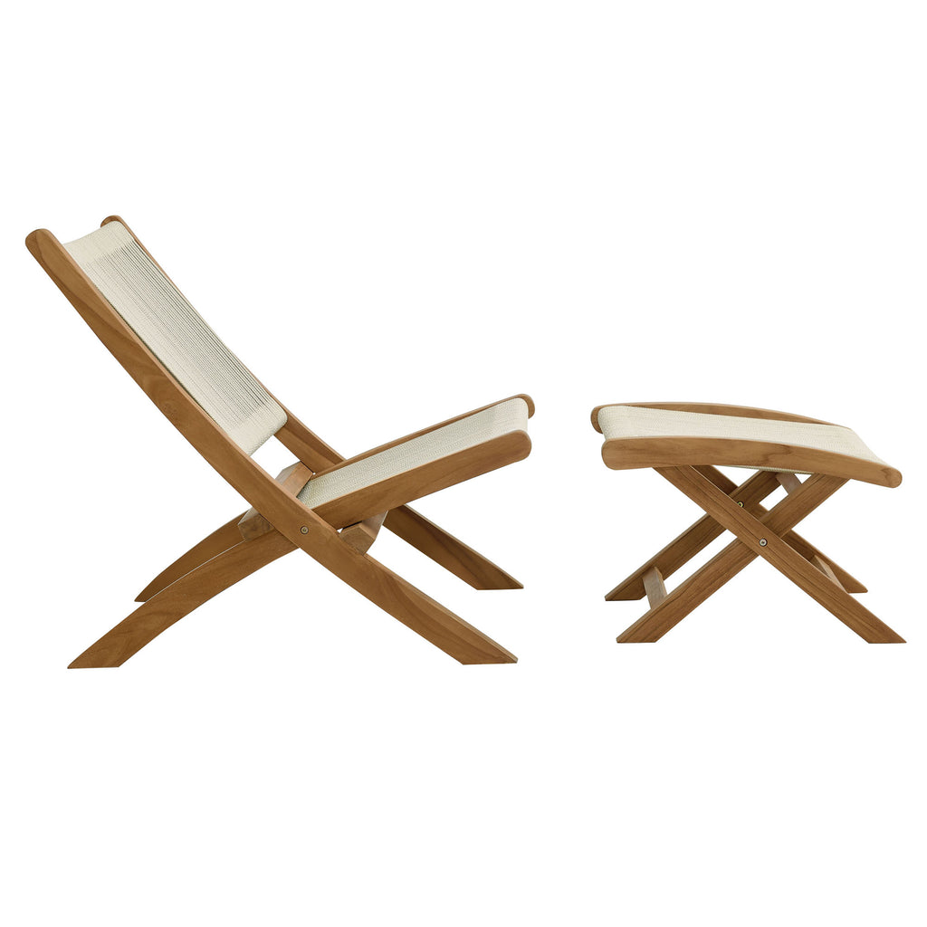 Vienna 2-Piece Outdoor Patio Teak and Rope Folding Accent Lounge Chair and Ottoman Set - Natural Natural