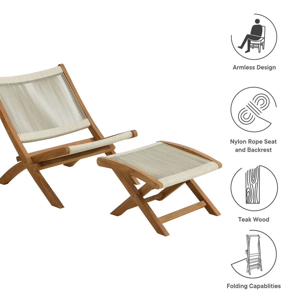 Vienna 2-Piece Outdoor Patio Teak and Rope Folding Accent Lounge Chair and Ottoman Set - Natural Natural