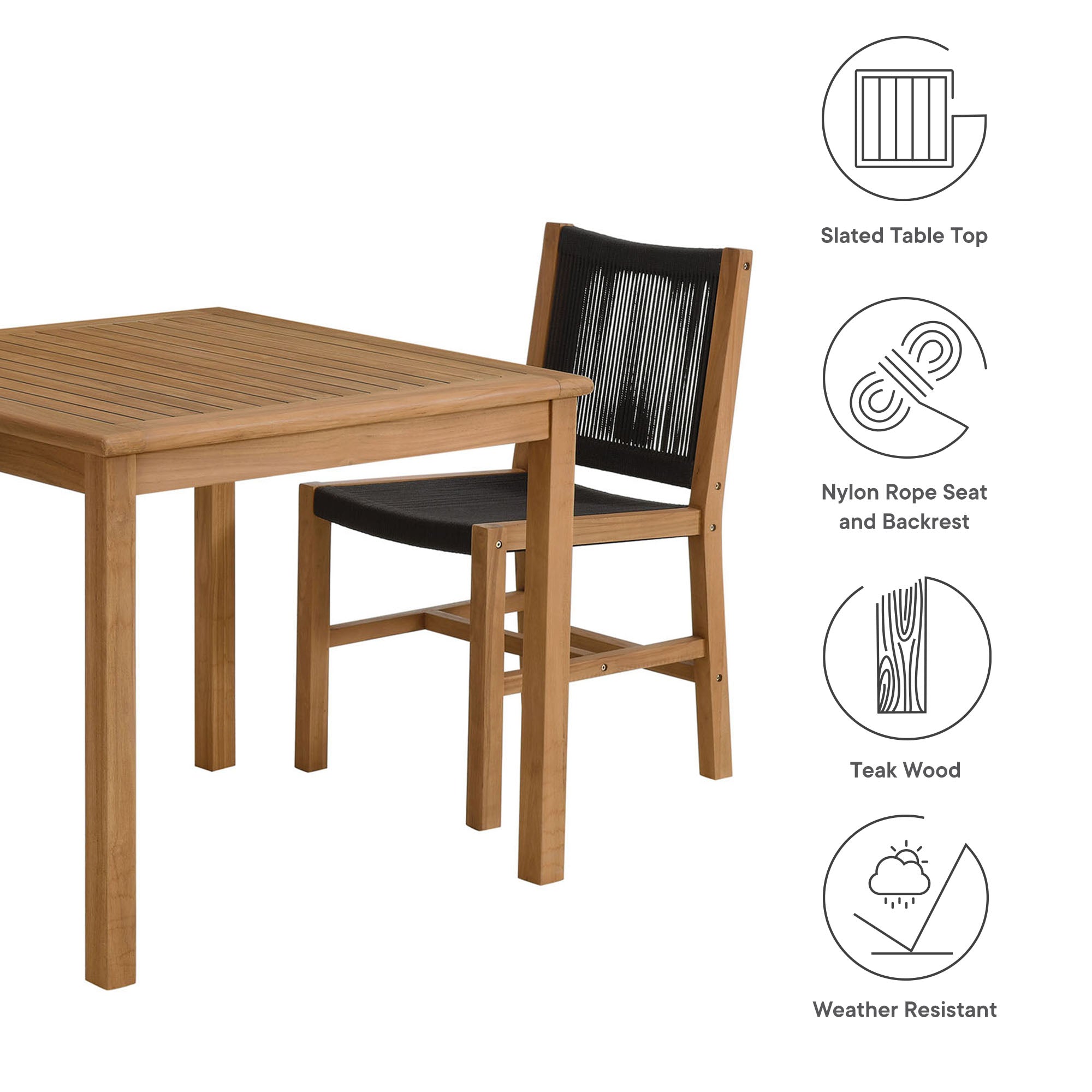 Vienna 3-Piece Outdoor Patio Teak and Rope Dining Set with Armless Chiars - Natural Black