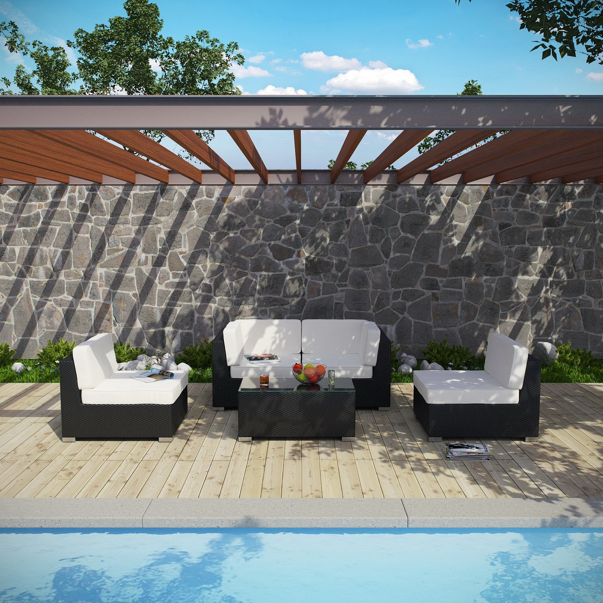Camfora 5 Piece Outdoor Patio Sectional Set - Espresso White